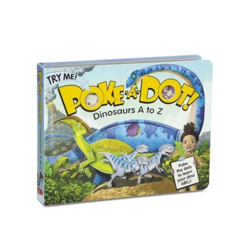 Melissa & Doug Poke-A-Dot Book that has kids reading about dinosaurs from A to Z wile kids poke the dots, front of book.