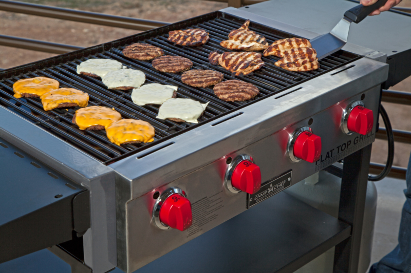 Camp Chef flat top grill, grilling hamburgers and chicken