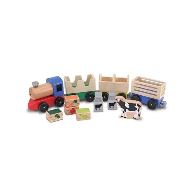 Melissa & Doug wood farm train toy set, with engine and three cars.