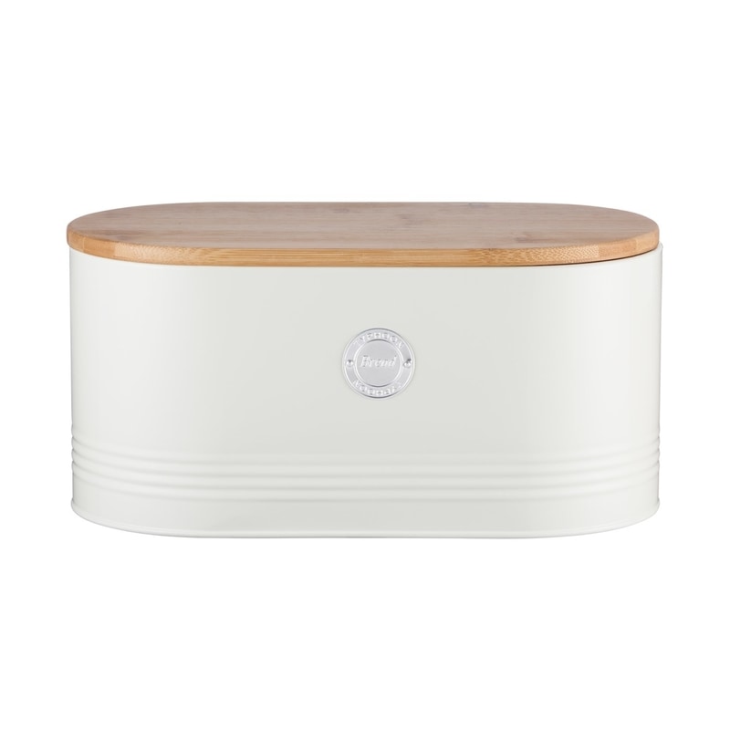 Bread box 7.7 Qt, cream in color, metal body, bamboo lid