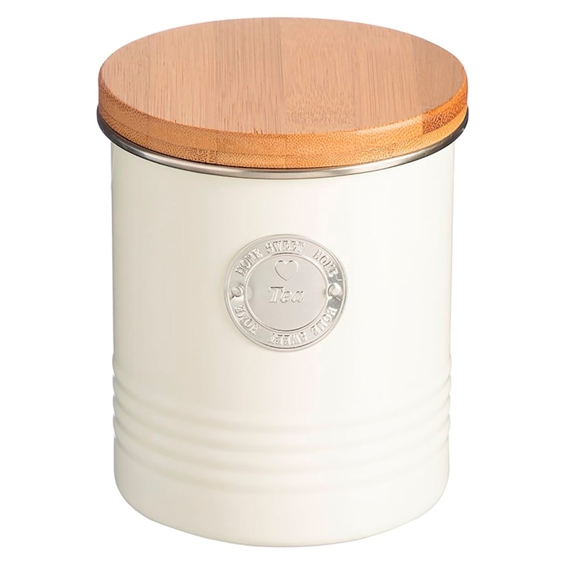 Tea Canister metal body, bamboo air tight lid, cream color 1 qt.