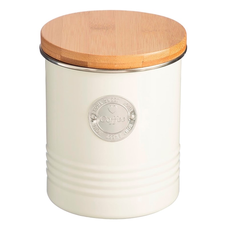 Coffee can metal body, bamboo air tight lid, cream color 1 qt.