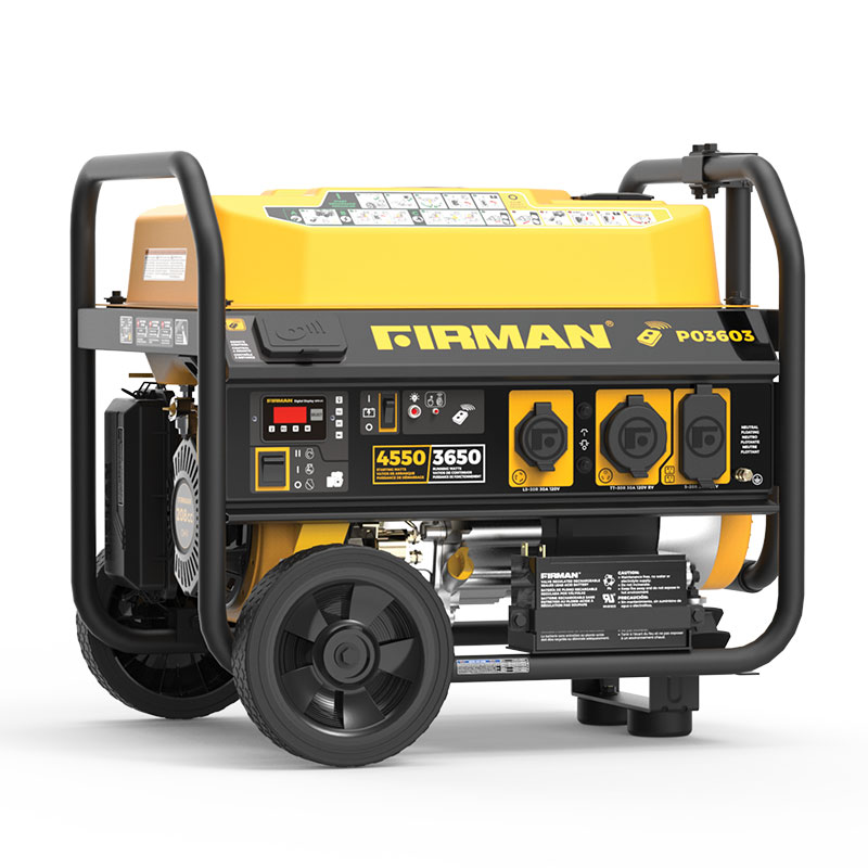 Firman 4550/3650 Watt Remote Start Gas Portable Generator CETL Certified With Wheel Kit Front View Of Generator